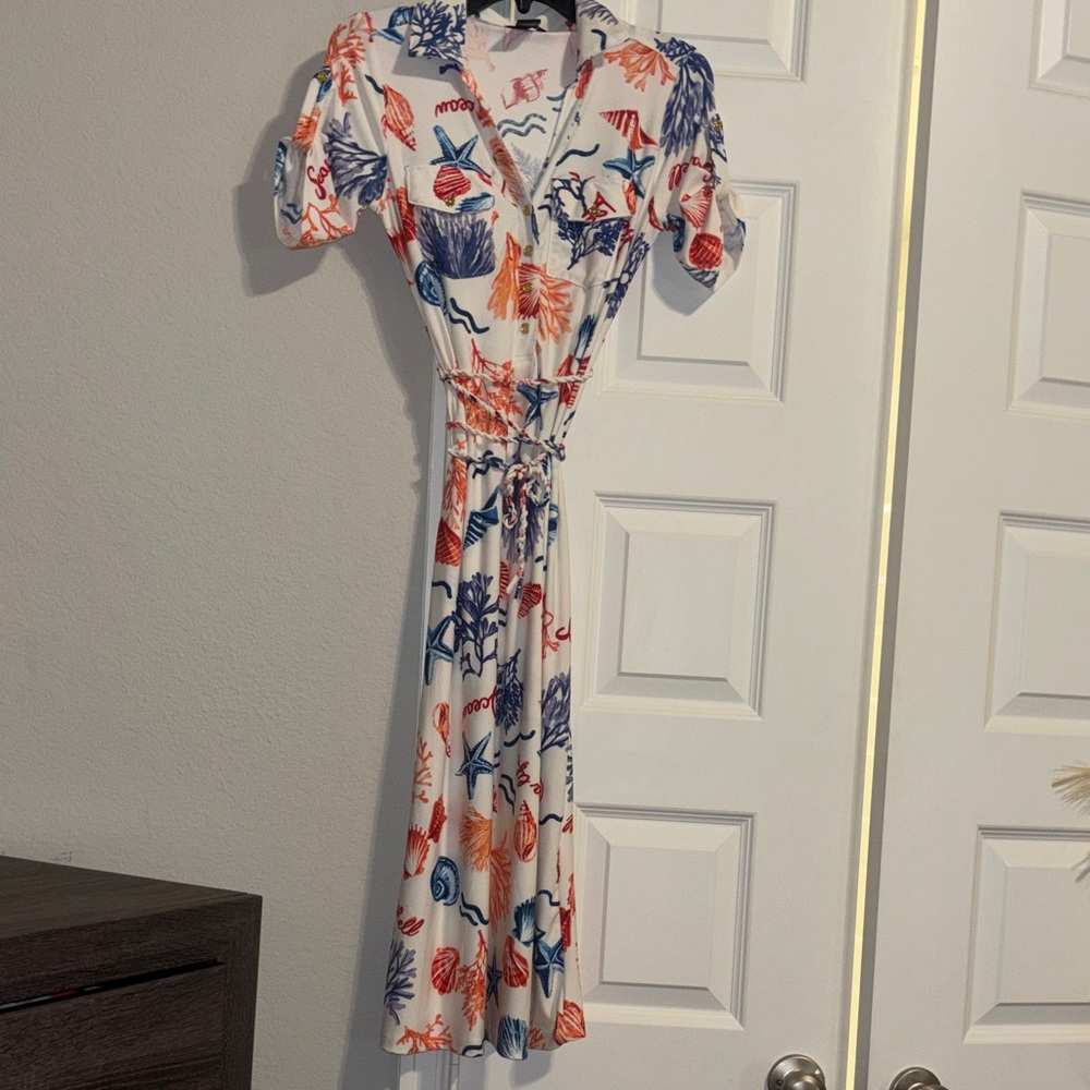 White Midi Dress with Coral & Navy Shell Print